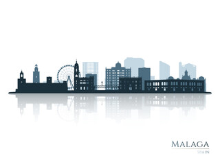 Naklejka premium Malaga skyline silhouette with reflection. Landscape Malaga, Spain. Vector illustration.