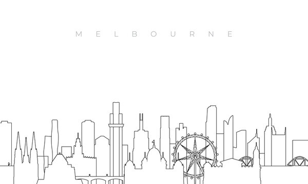 Outline Melbourne skyline. Trendy template with Melbourne buildings and landmarks in line style. Stock vector design.