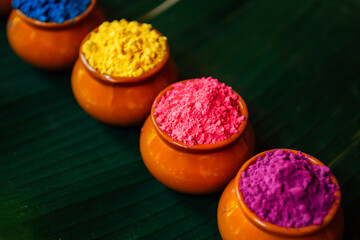 Various Holi paints in pots on a large green palm leaf. Colorful background for the national Indian...