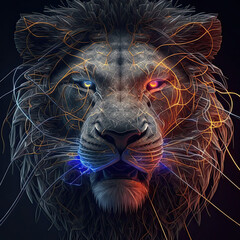 Angry Lion, Neon network strings. Generative AI