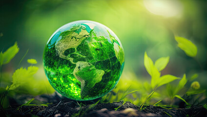 A Green World: The Significance of a Green Globe with Continents on blurred Natural Background. Happy earth day concept. Generative AI