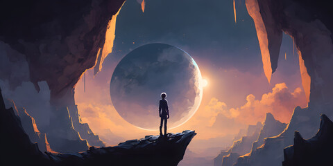 a man watch eclipse in the mountains, digital art, generative ai