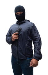 Burglar or terrorist. Holding pistol in various poses on background isolated with clipping path.transparent background. png.file