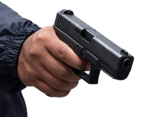 Burglar or terrorist. Holding pistol in various poses on background isolated with clipping path.transparent background. png.file