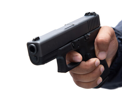Burglar or terrorist. Holding pistol in various poses on background isolated with clipping path.transparent background. png.file