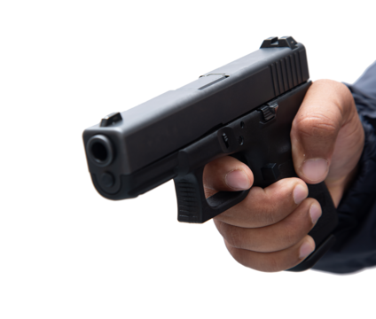 Burglar or terrorist. Holding pistol in various poses on background isolated with clipping path.transparent background. png.file