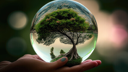 A Green World: The Significance of a Green Globe with Continents on blurred Natural Background. Happy earth day concept. Generative AI