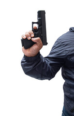 Burglar or terrorist. Holding pistol in various poses on background isolated with clipping path.transparent background. png.file