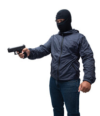 Burglar or terrorist. Holding pistol in various poses on background isolated with clipping...