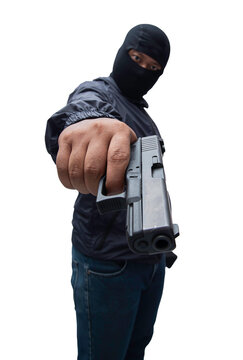 Burglar or terrorist. Holding pistol in various poses on background isolated with clipping path.transparent background. png.file