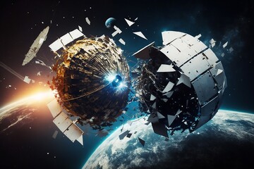 un satellite explose en orbite Terrestre - illustration ia
