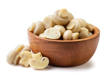 Marinated mushrooms in a wooden plate close-up on a white background. Isolated