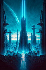 Large city landscape with huge buildings on distant planet at blue colors. Postproducted generative AI illustration.
