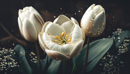 Fototapeta premium White tulips on a dark blurred background, generative Al.
