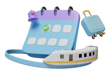 calendar with suitcase, sky train transport toy 3d, checkmark icons, marked date, notification bell isolated. schedule appointment, summer travel train, itinerary, 3d render illustration