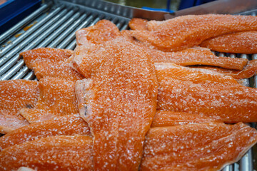 Closeup view of salmon fillet.