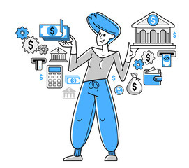 Banking vector outline illustration, manager working with finances or customer manages her account with deposit or credit, personal savings.