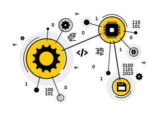 Obraz premium Programming and computer pc engineering vector illustration, repairing and fixing bugs, coding app on pc.