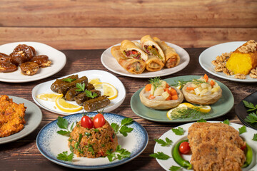 Ramadan table. Turkish food on wooden background. Iftar and sahur delicacies. Turkish oriental dishes. Types of appetizers. close up