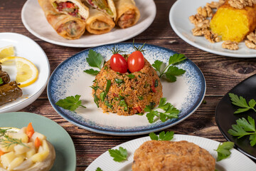Ramadan table. Turkish food on wooden background. Iftar and sahur delicacies. Turkish oriental dishes. Types of appetizers. close up