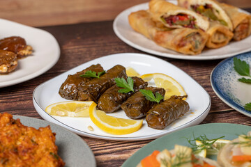 Ramadan table. Turkish food on wooden background. Iftar and sahur delicacies. Turkish oriental dishes. Types of appetizers. close up