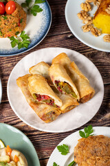 Ramadan table. Turkish food on wooden background. Iftar and sahur delicacies. Turkish oriental dishes. Types of appetizers. close up