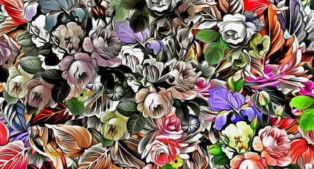 Computer graphics of abstract floral psychedelic background stylization of colored chaotic stickers...