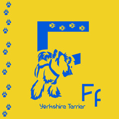 Unusual decorative font with a stylized image of a Yorkshire terrier. Typography with dogs based on gestalt design. Decoration with animals.