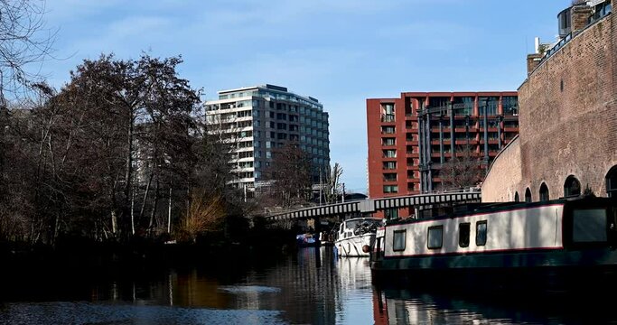 New view of the Regents Canal near to both St Pancreas and Kings Cross, London, United Kingdom
