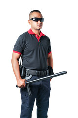 Fototapeta na wymiar A security guard dressed in black, black goggles, stands 45 degrees to the side, in a stance of alertness and holding a rubber baton. on a white background isolated, cut out. Security concept