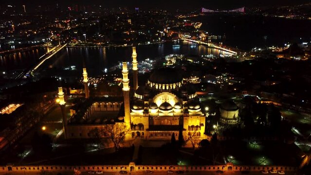 S&uuml;leymaniye Mosque, Lights at Night, Istanbul Turkey, Taksim, Rising Up, Timelapse, City Lights at Night Istanbul Turkey, Drone, 15th of July Martyrs Bridge, Opening Shot, Cinematic, Sea of Marmara