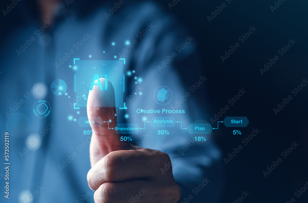 Fototapete Technology and people concept man use AI to help work, AI Learning and Artificial Intelligence. Business with technology, internet and networking concept. AI technology in life.