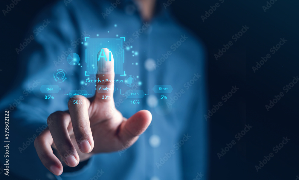 Poster Technology and people concept man use AI to help work, AI Learning and Artificial Intelligence. Business with technology, internet and networking concept. AI technology in life.