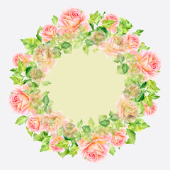 A wreath of pink roses. Watercolor illustration. Delicate roses. Rose garden. Botanical illustration.