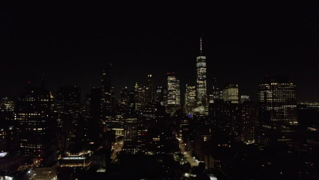 Aerial drone view of Manhattan Skyline at night 