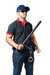 Security guards wearing black glasses and hats Standing holding a rubber baton in a ready position and handcuffed on a tactical belt. on an isolated white background Eliminate the concept of security