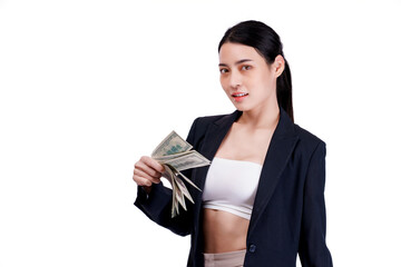Young asian businesswoman have Srong body showing hundred dollar bills fan and smiling while posing. isolate on white background.