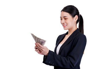 Young asian businesswoman have Srong body showing hundred dollar bills fan and smiling while posing. isolate on white background.