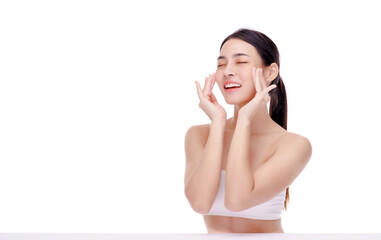 Beautiful woman massaging her face , pinch and roll technique.Isolated over white background.