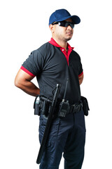 The security guard, wearing black glasses, wearing a cap, stands ready. There are rubber batons and handcuffs on the tactical belt. isolated white background Eliminate the concept of security