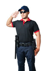 A security guard wearing black glasses, wearing a cap, salutes, has rubber batons and handcuffs on his tactical belt. isolated white background Eliminate the concept of security