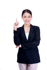 Beautiful Asian model girl with color lips red and black hair portrait. Beauty woman pointing to empty copy space isolated on white.