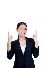 Beautiful Asian model girl with color lips red and black hair portrait. Beauty woman pointing to empty copy space isolated on white.