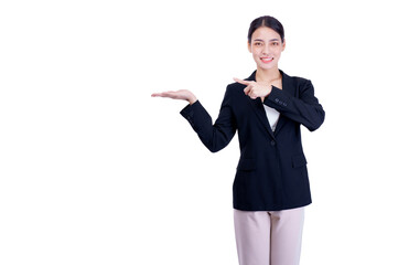 Beautiful Asian model girl with color lips red and black hair portrait. Beauty woman pointing to empty copy space isolated on white.