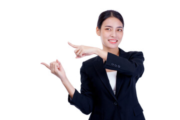 Beautiful Asian model girl with color lips red and black hair portrait. Beauty woman pointing to empty copy space isolated on white.