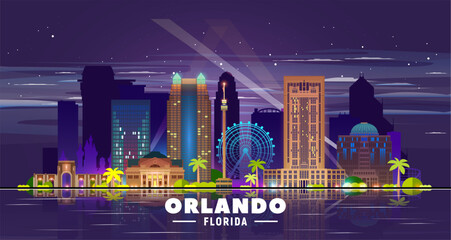 Orlando ( Florida ) night city skyline. Vector Illustration. Business travel and tourism concept with modern buildings. Image for presentation, banner, and website. - obrazy, fototapety, plakaty