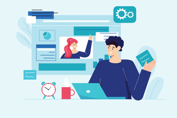 Education blue concept with people scene in the flat cartoon style. Boy acquires knowledge from online lessons sitting at home. Vector illustration.