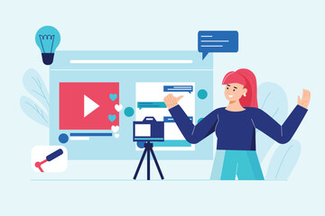 Live streaming blue concept with people scene in the flat cartoon style. Famous blogger conducts a live broadcast for her subscribers. Vector illustration.