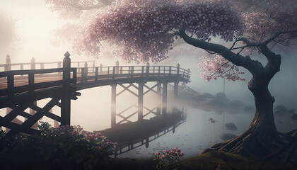 A Bridge and Cherry Blossoms in the Mist created using generative ai