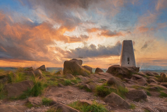 Digital painting of the trig point on top of The Roaches at sunset in the Peak District National Park.
